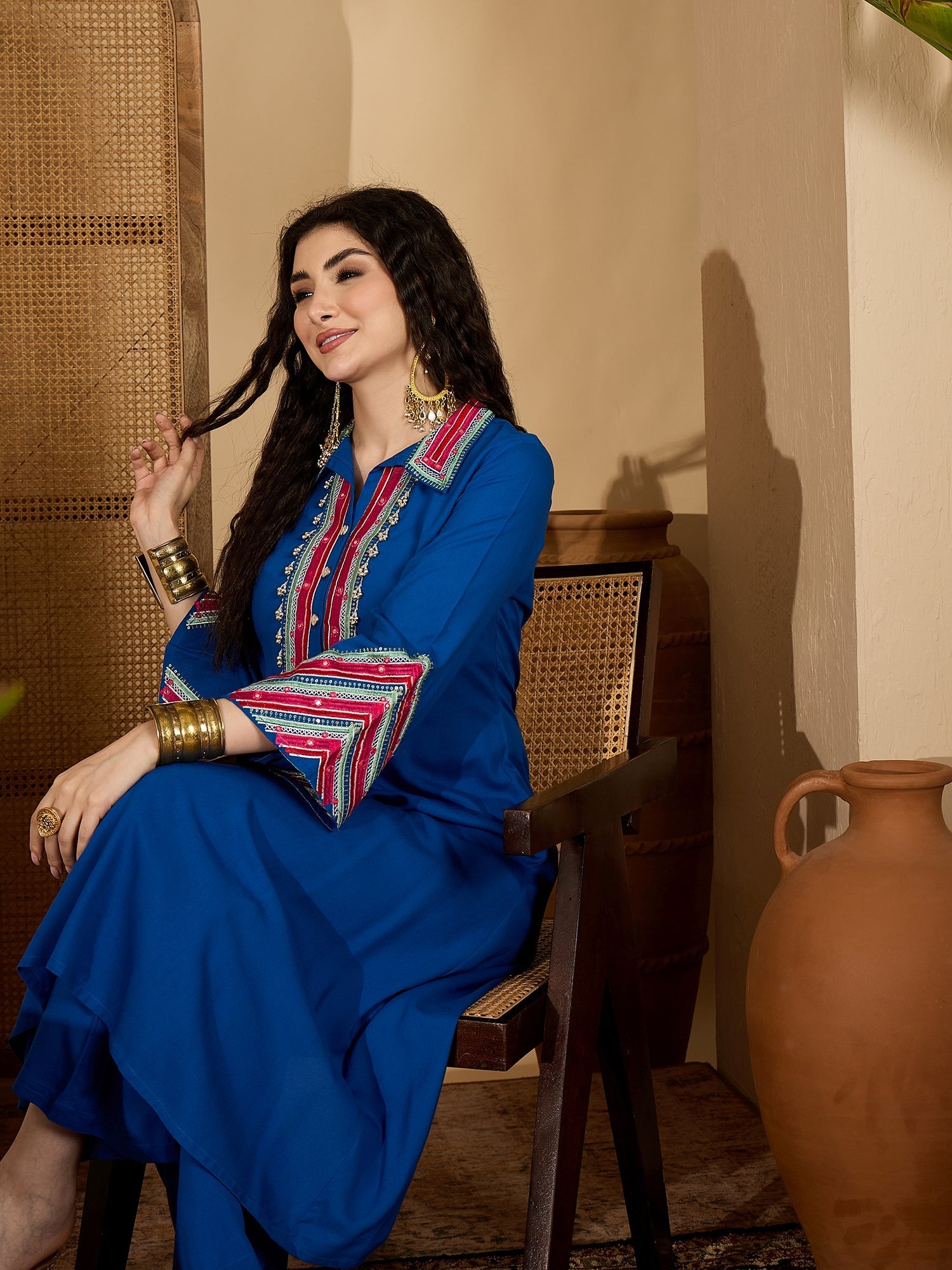 Women's Blue Solid & Embroidered Rayon A-Line Kurta Pant Set (KPBLUEID