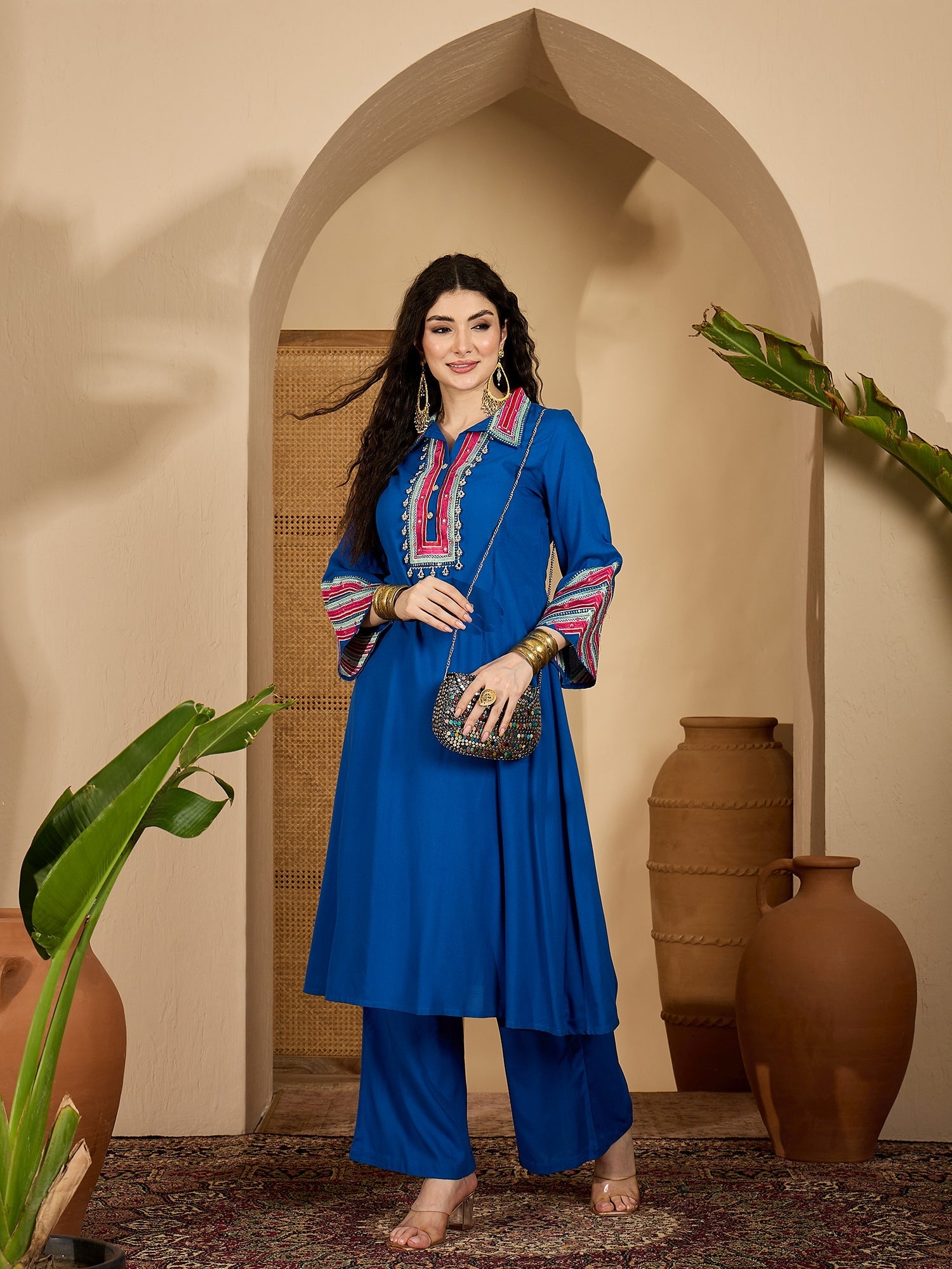 Women's Blue Solid & Embroidered Rayon A-Line Kurta Pant Set (KPBLUEID