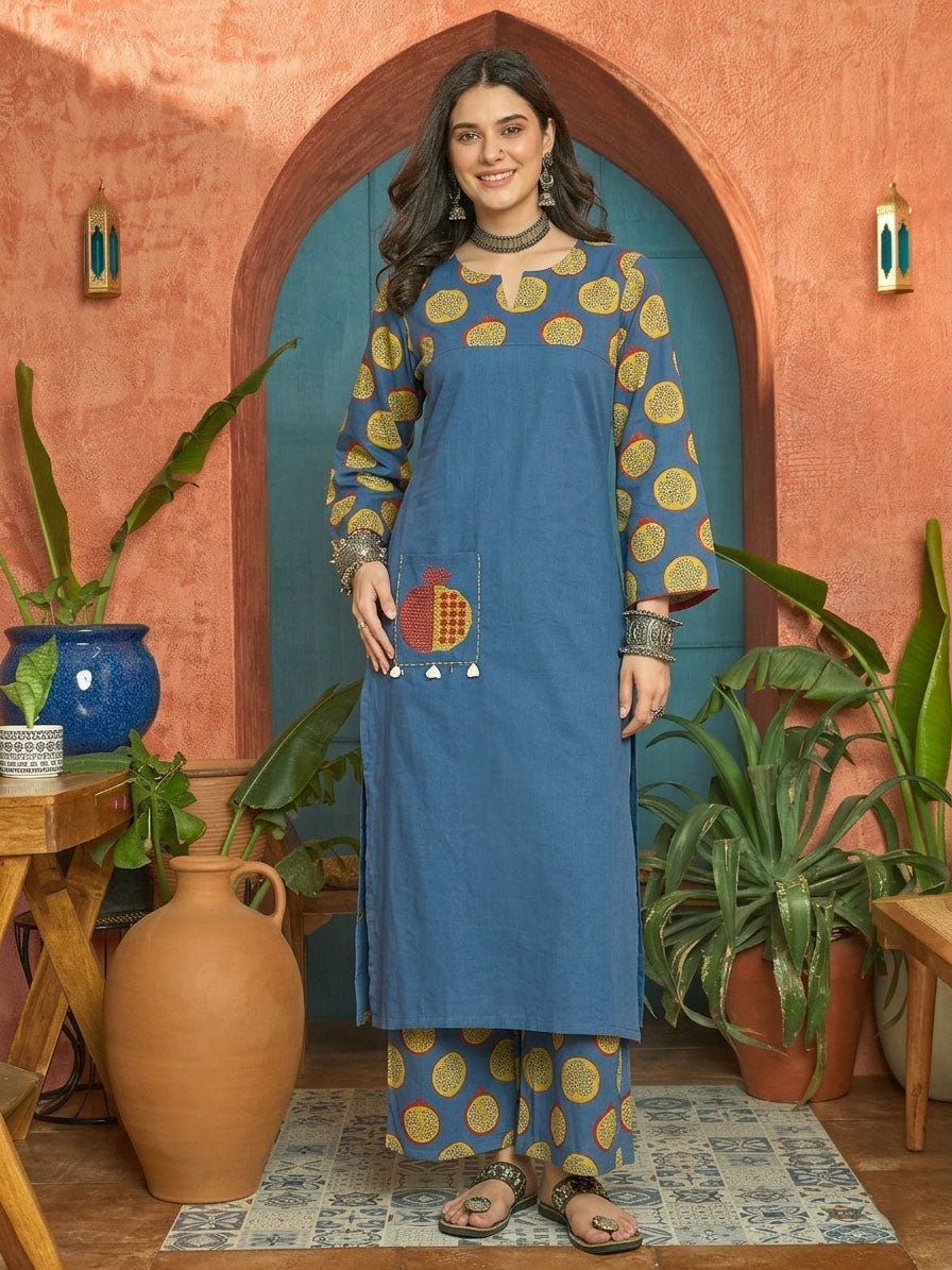 Women's Blue Printed Cotton Straight Kurta Palazzo Set (KPBLUENAPPA) |