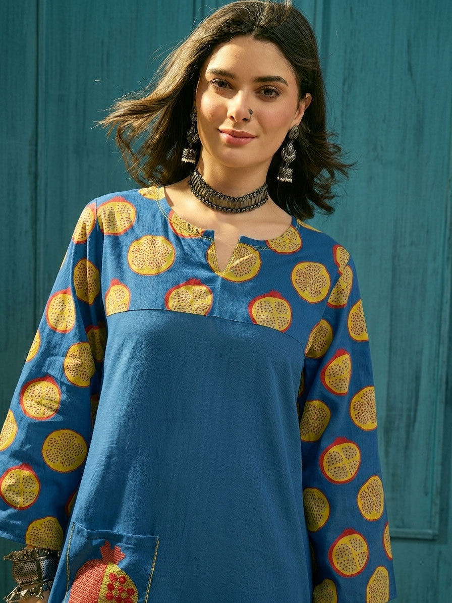 Women's Blue Printed Cotton Straight Kurta Palazzo Set (KPBLUENAPPA) |