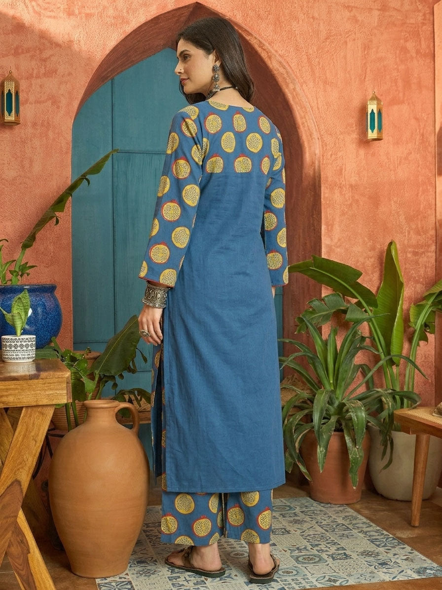 Women's Blue Printed Cotton Straight Kurta Palazzo Set (KPBLUENAPPA) |