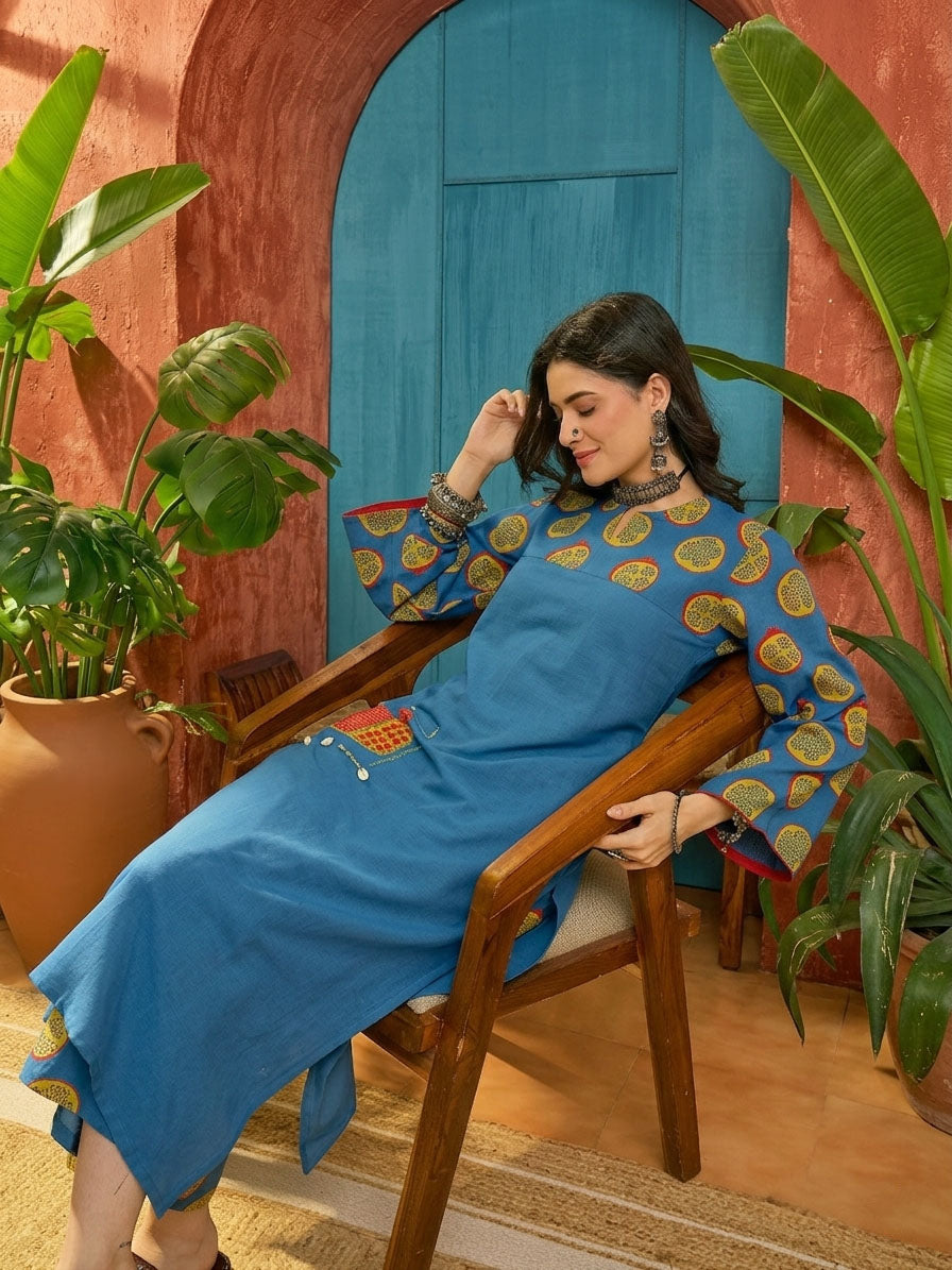 Women's Blue Printed Cotton Straight Kurta Palazzo Set (KPBLUENAPPA) |