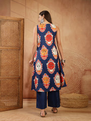 Stylum Women's Blue Kalamkari Face Printed Rayon A-Line Kurta Palazzo Set (KPBLUERANCHI)