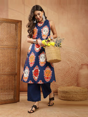 Stylum Women's Blue Kalamkari Face Printed Rayon A-Line Kurta Palazzo Set (KPBLUERANCHI)