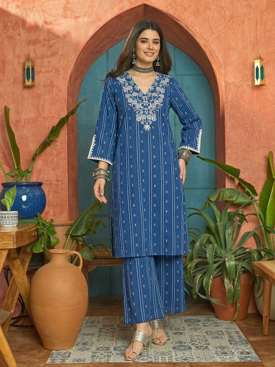 Women's Blue Woven Design & Embroidered Cotton Straight Kurta Palazzo 