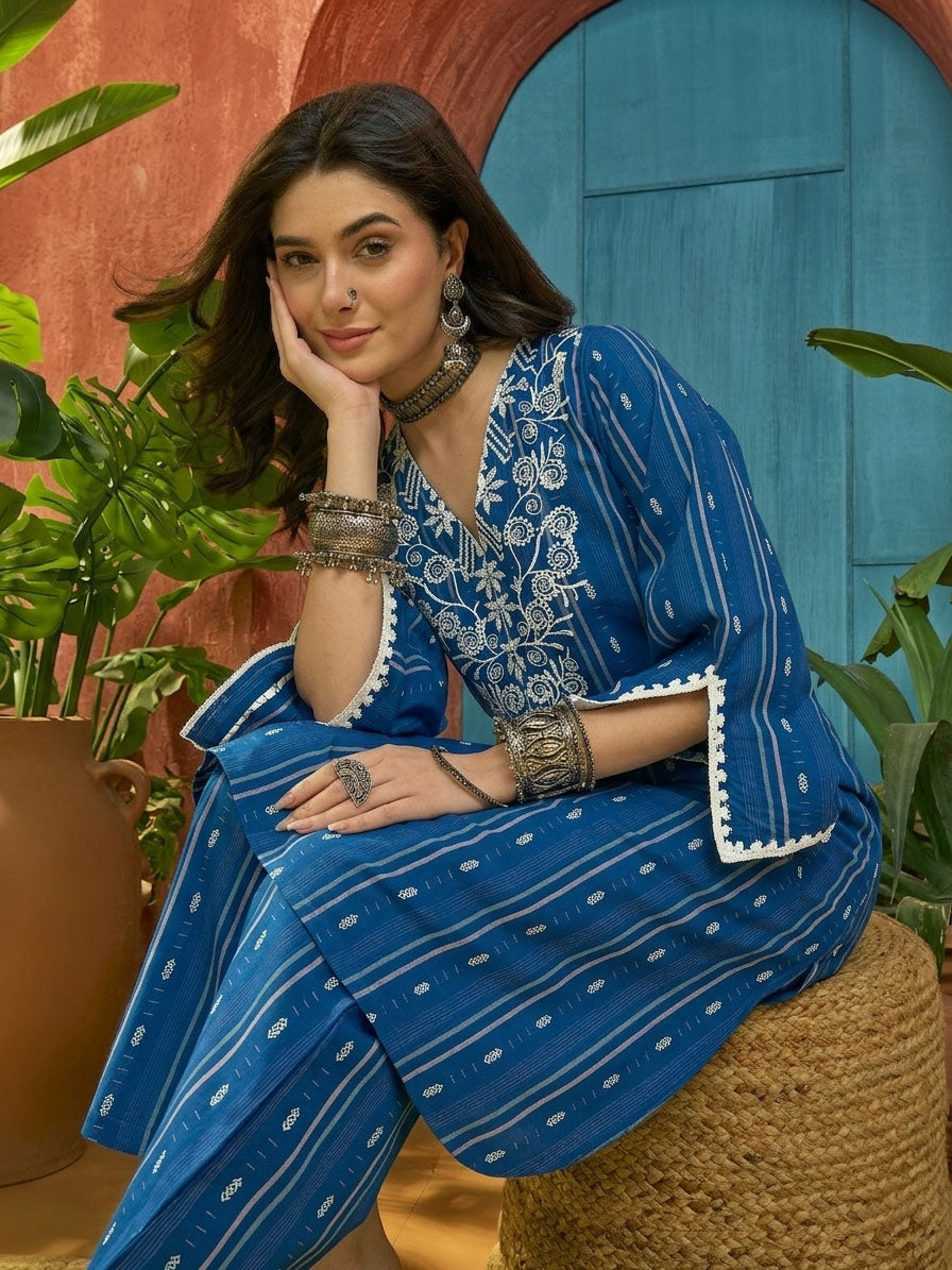 Women's Blue Woven Design & Embroidered Cotton Straight Kurta Palazzo 