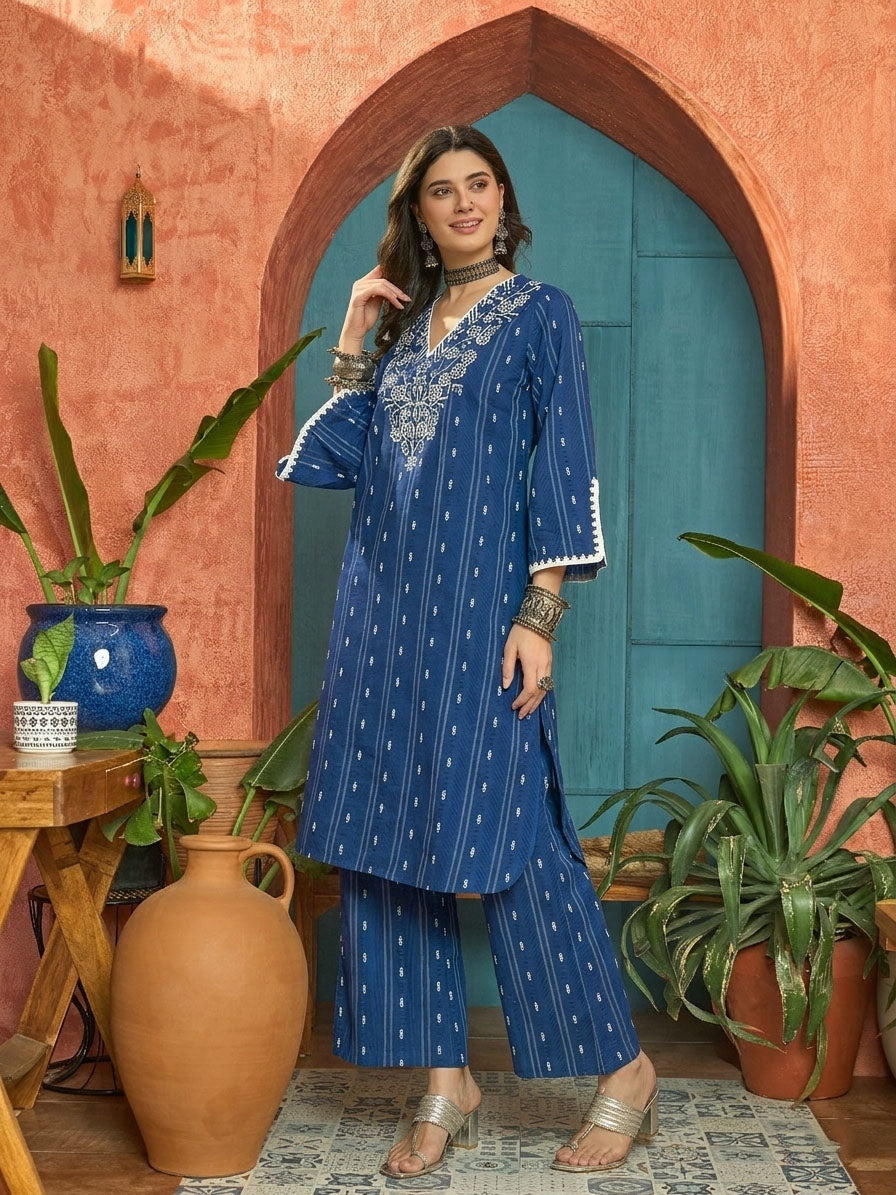 Women's Blue Woven Design & Embroidered Cotton Straight Kurta Palazzo 