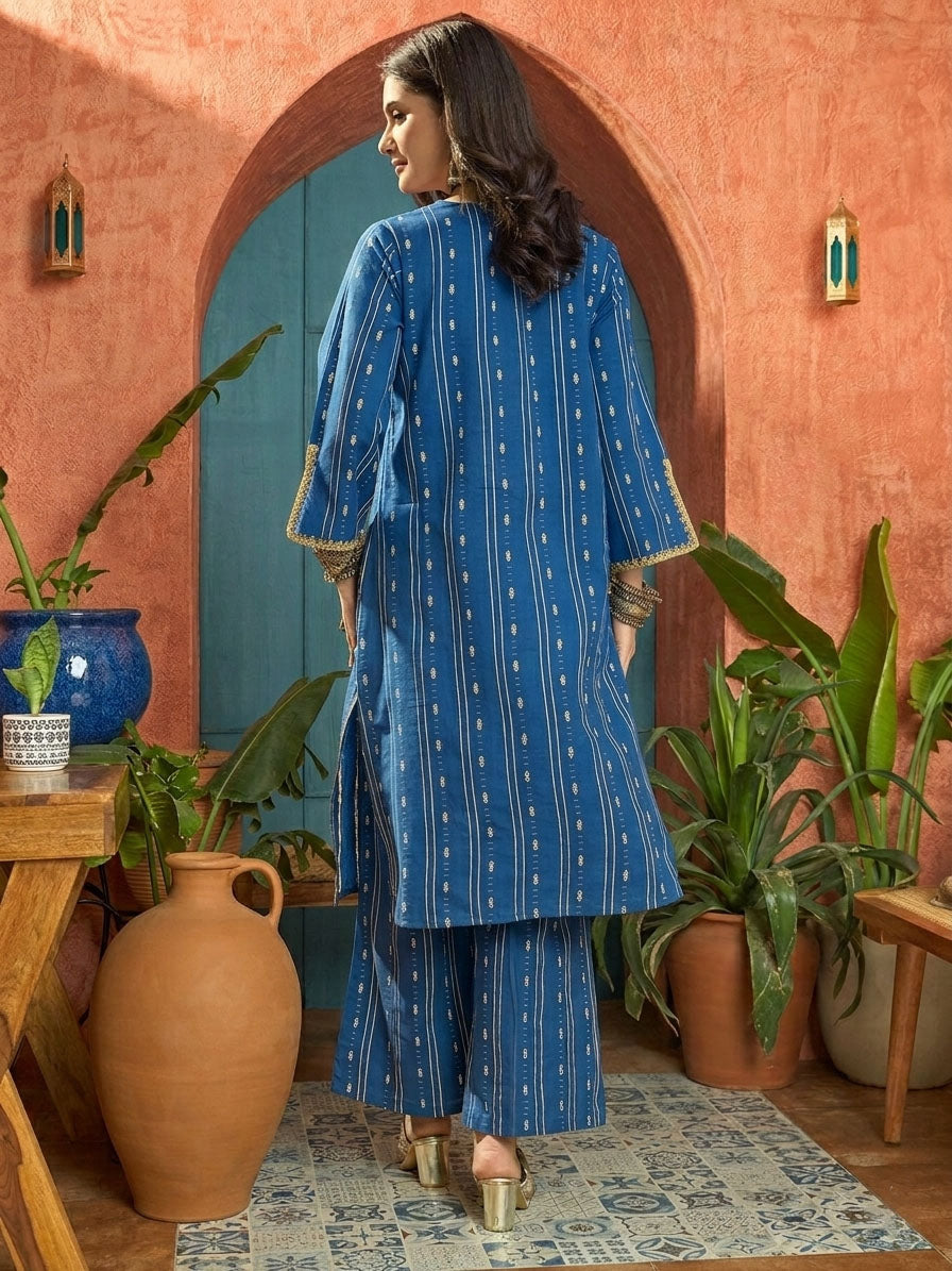 Women's Blue Woven Design & Embroidered Cotton Straight Kurta Palazzo 