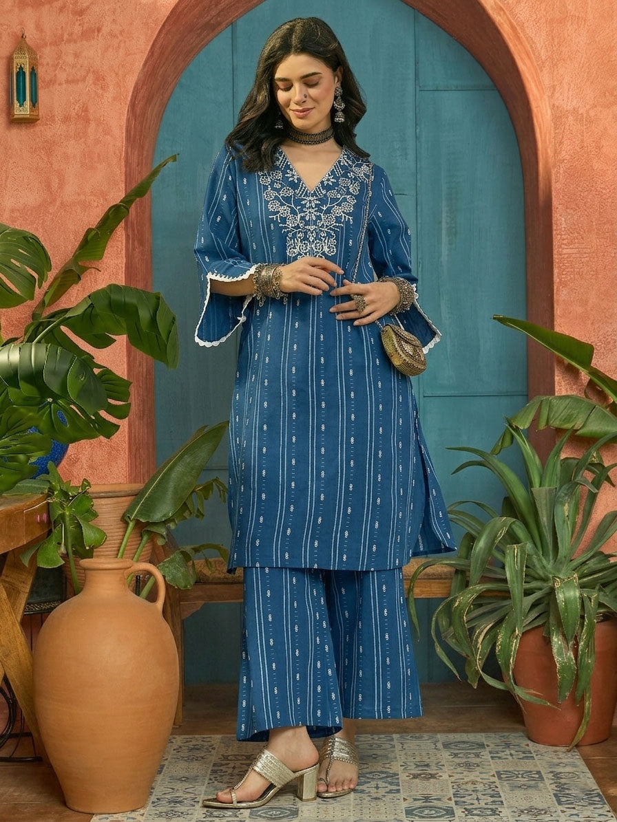 Women's Blue Woven Design & Embroidered Cotton Straight Kurta Palazzo 