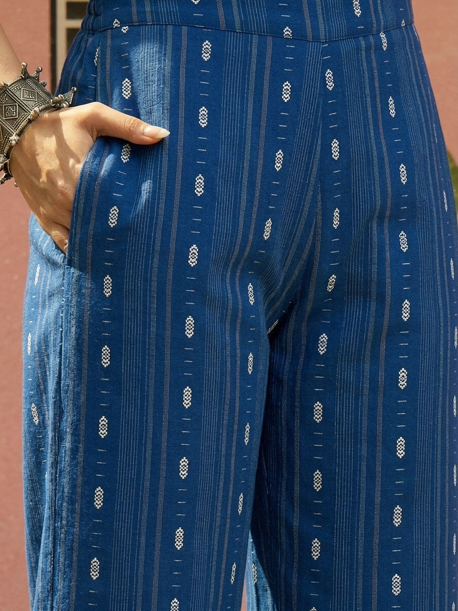 Women's Blue Woven Design & Embroidered Cotton Straight Kurta Palazzo 