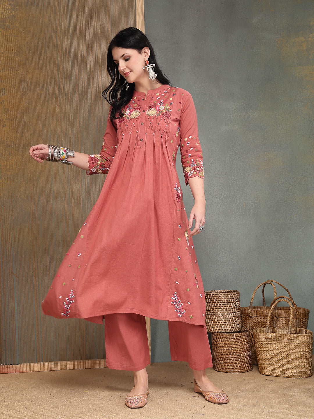 Women's Blush Solid & Embroidered Cotton A-Line Kurta Pant Set (KPBLUS