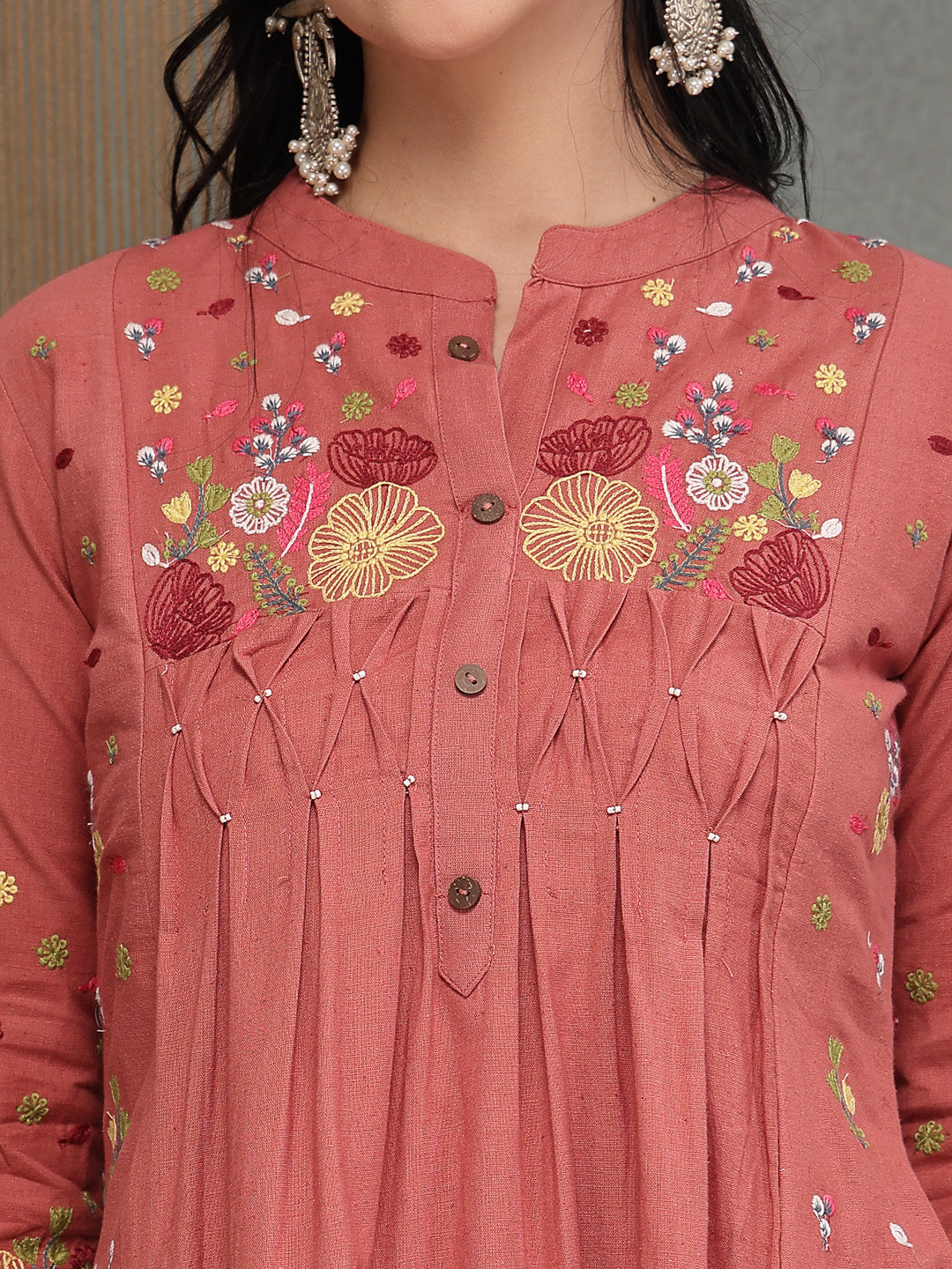 Women's Blush Solid & Embroidered Cotton A-Line Kurta Pant Set (KPBLUS