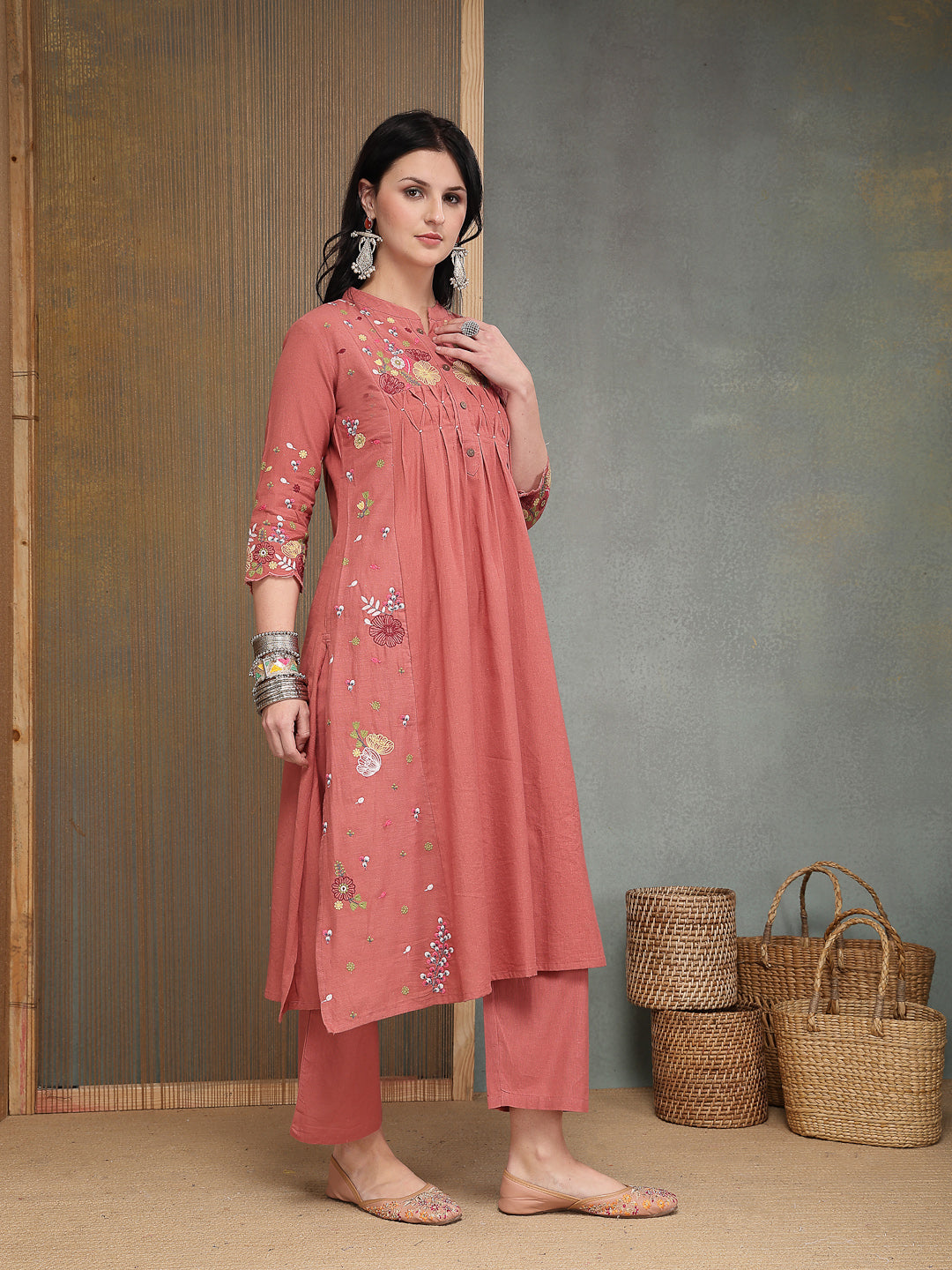 Women's Blush Solid & Embroidered Cotton A-Line Kurta Pant Set (KPBLUS