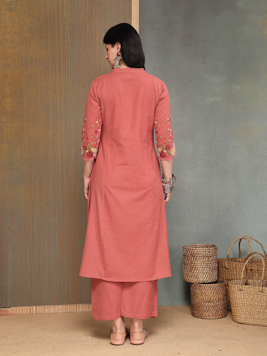 Women's Blush Solid & Embroidered Cotton A-Line Kurta Pant Set (KPBLUS