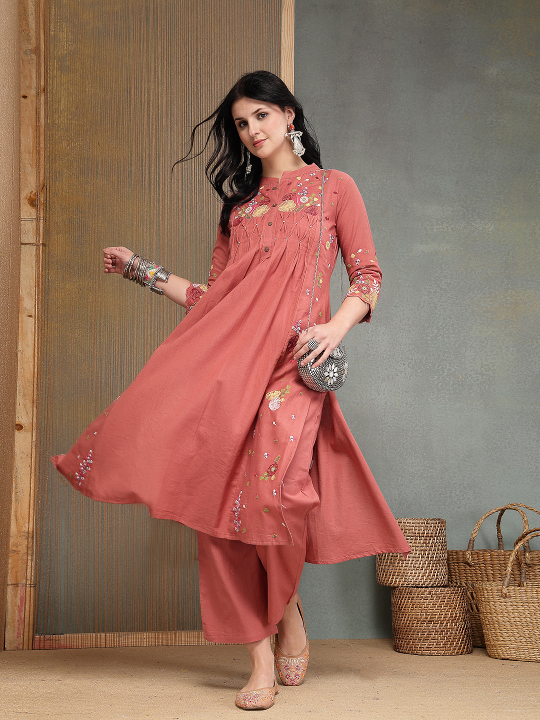 Women's Blush Solid & Embroidered Cotton A-Line Kurta Pant Set (KPBLUS
