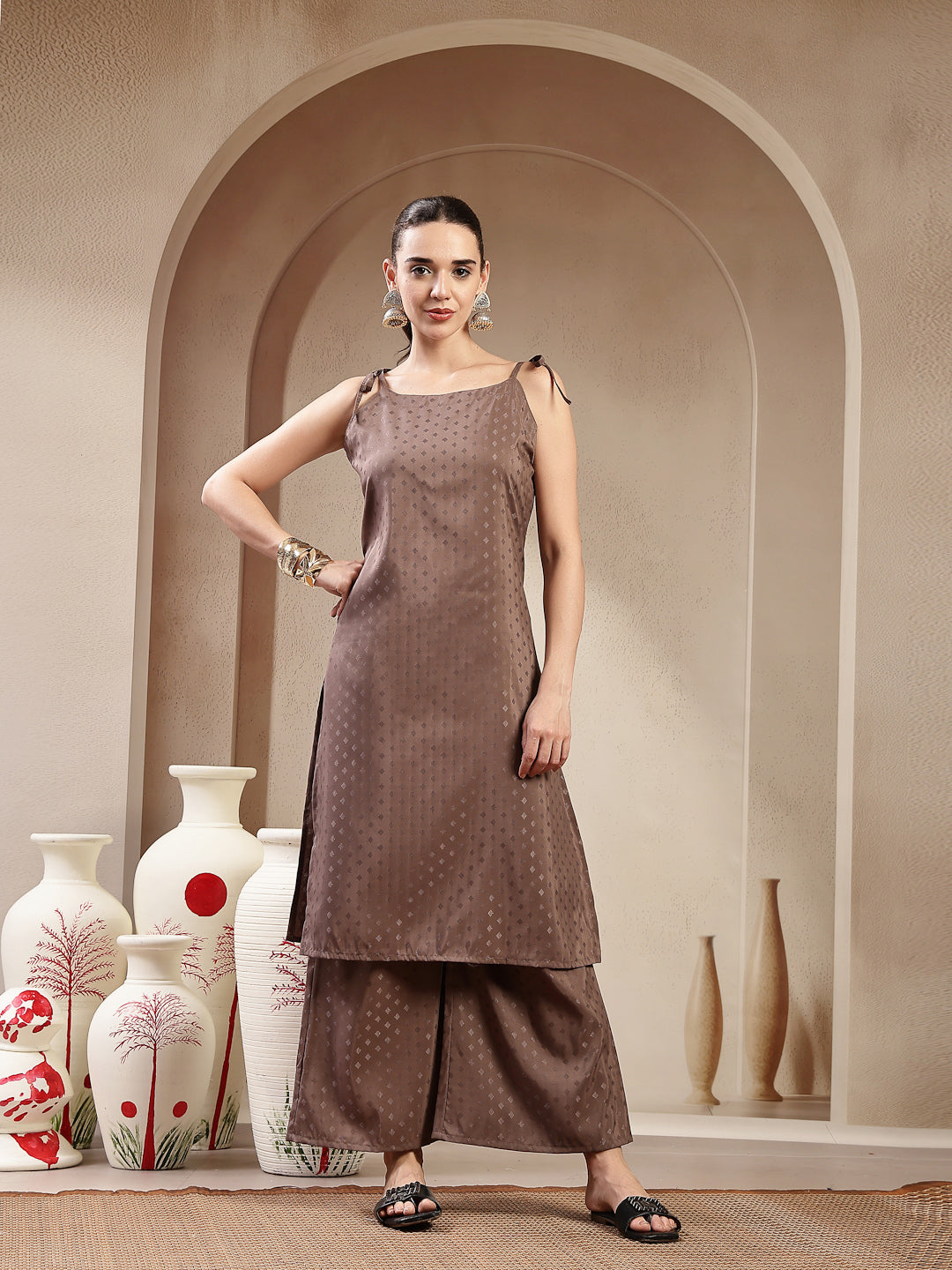 Stylum Women's Brown Woven Design Rayon Straight Kurta Pant Set (KPBROWNPIPER)