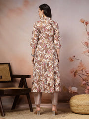Women's Floral Printed Cotton Blend A-Line Kurta and Pant Set-KPBROWNSURBHI