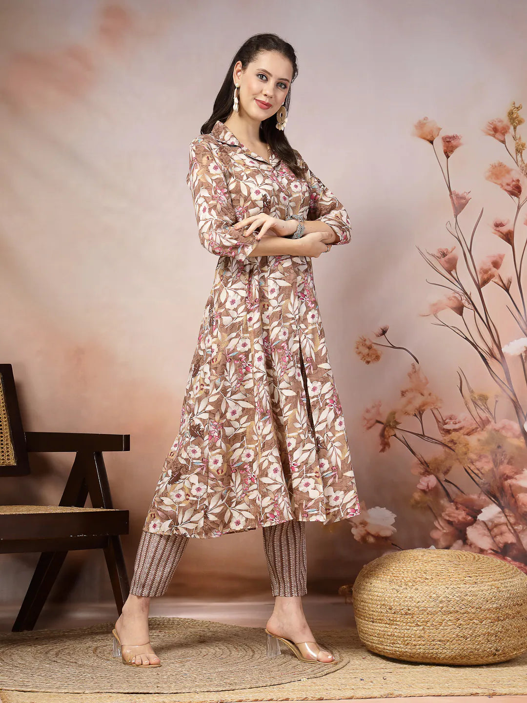 Brown Floral Printed Cotton Blend Women's Kurta Pant Set