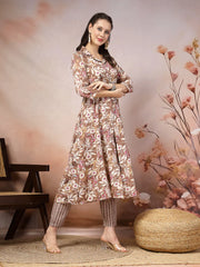 Women's Floral Printed Cotton Blend A-Line Kurta and Pant Set-KPBROWNSURBHI