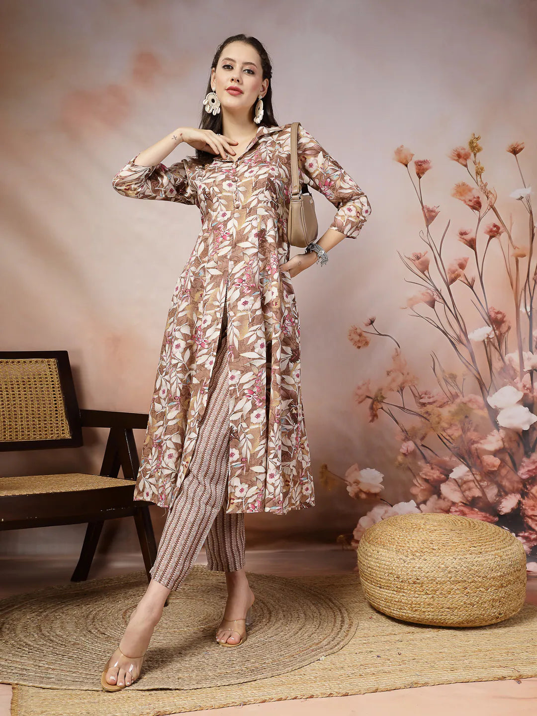 Brown Floral Printed Cotton Blend Women's Kurta Pant Set