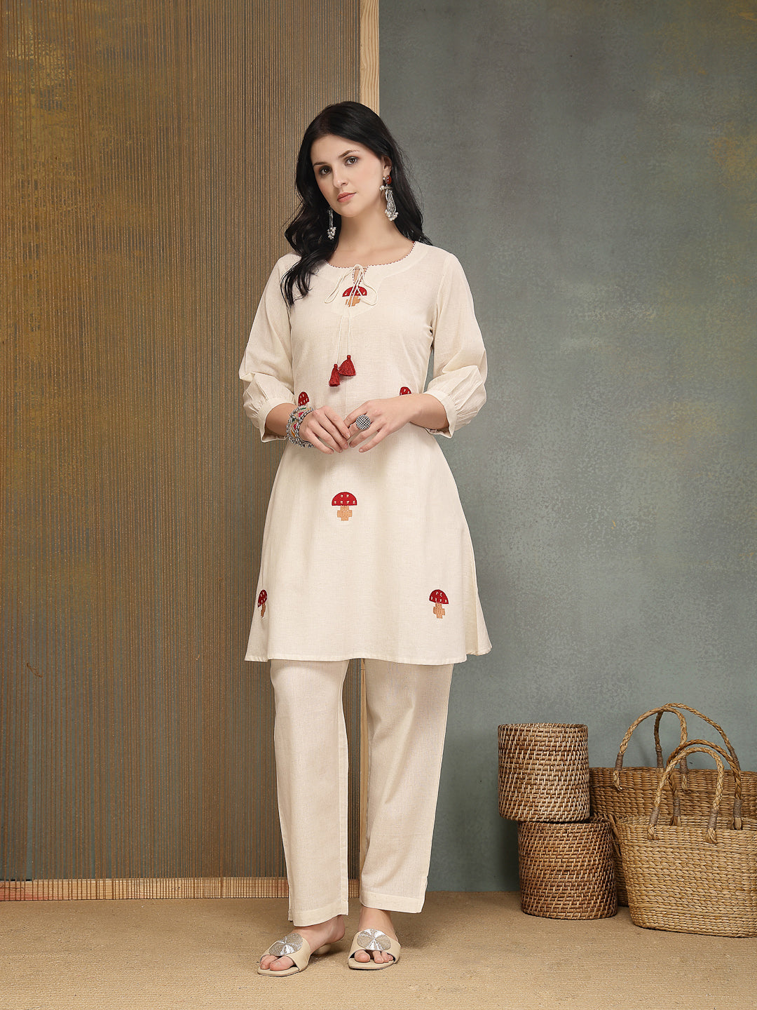 Stylum Women's Cream Solid & Embroidered Cotton Flex A-Line Kurti Pant Set (KPCREAMANKURI)
