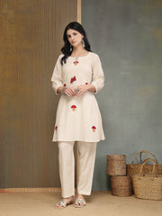 Stylum Women's Cream Solid & Embroidered Cotton Flex A-Line Kurti Pant Set (KPCREAMANKURI)
