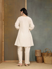 Stylum Women's Cream Solid & Embroidered Cotton Flex A-Line Kurti Pant Set (KPCREAMANKURI)