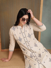 Stylum Women's Cream Solid & Embroidered Cotton Flex A-Line Kurta Pant Set (KPCREAMSAM)
