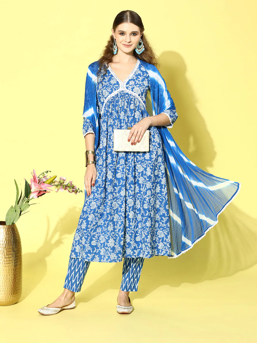Elegant Blue Floral Cotton Kurta Set with Dupatta | Women's Kurta Sets