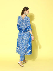 Women's Floral Printed Cotton Naira Cut Kurta Pant Dupatta Set-KPDALIABLUE