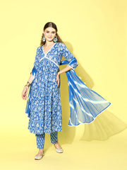 Women's Floral Printed Cotton Naira Cut Kurta Pant Dupatta Set-KPDALIABLUE