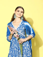 Women's Floral Printed Cotton Naira Cut Kurta Pant Dupatta Set-KPDALIABLUE