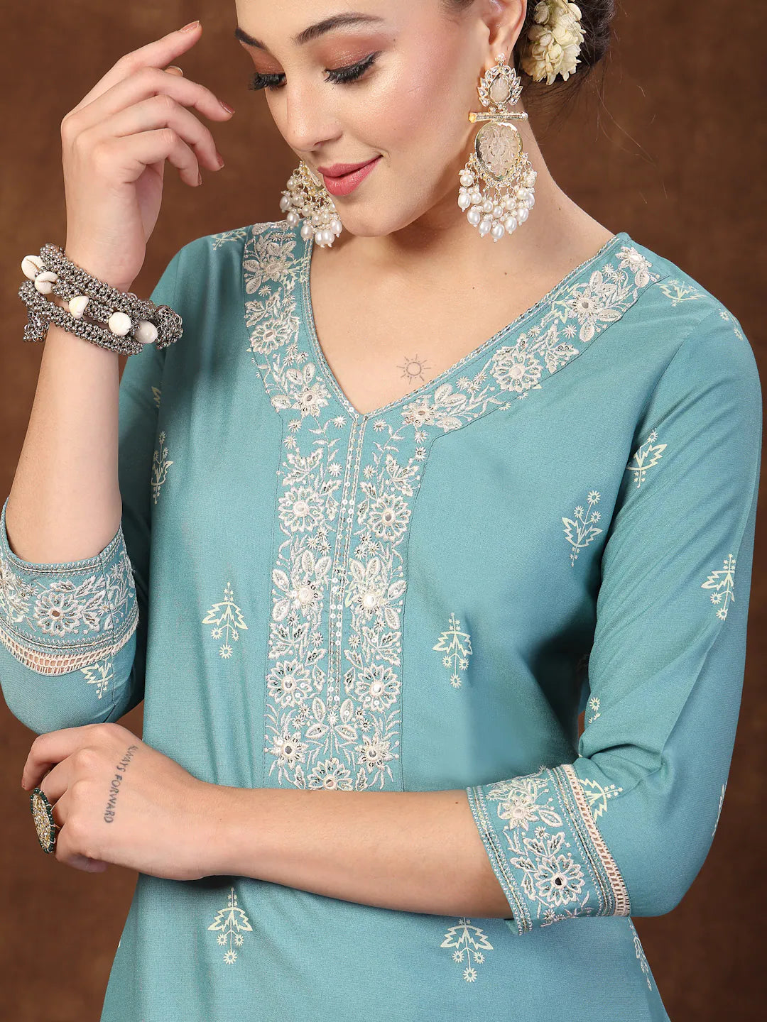 Aqua Ethnic Kurta Pant Dupatta Set | Designer Kurta Sets for W...