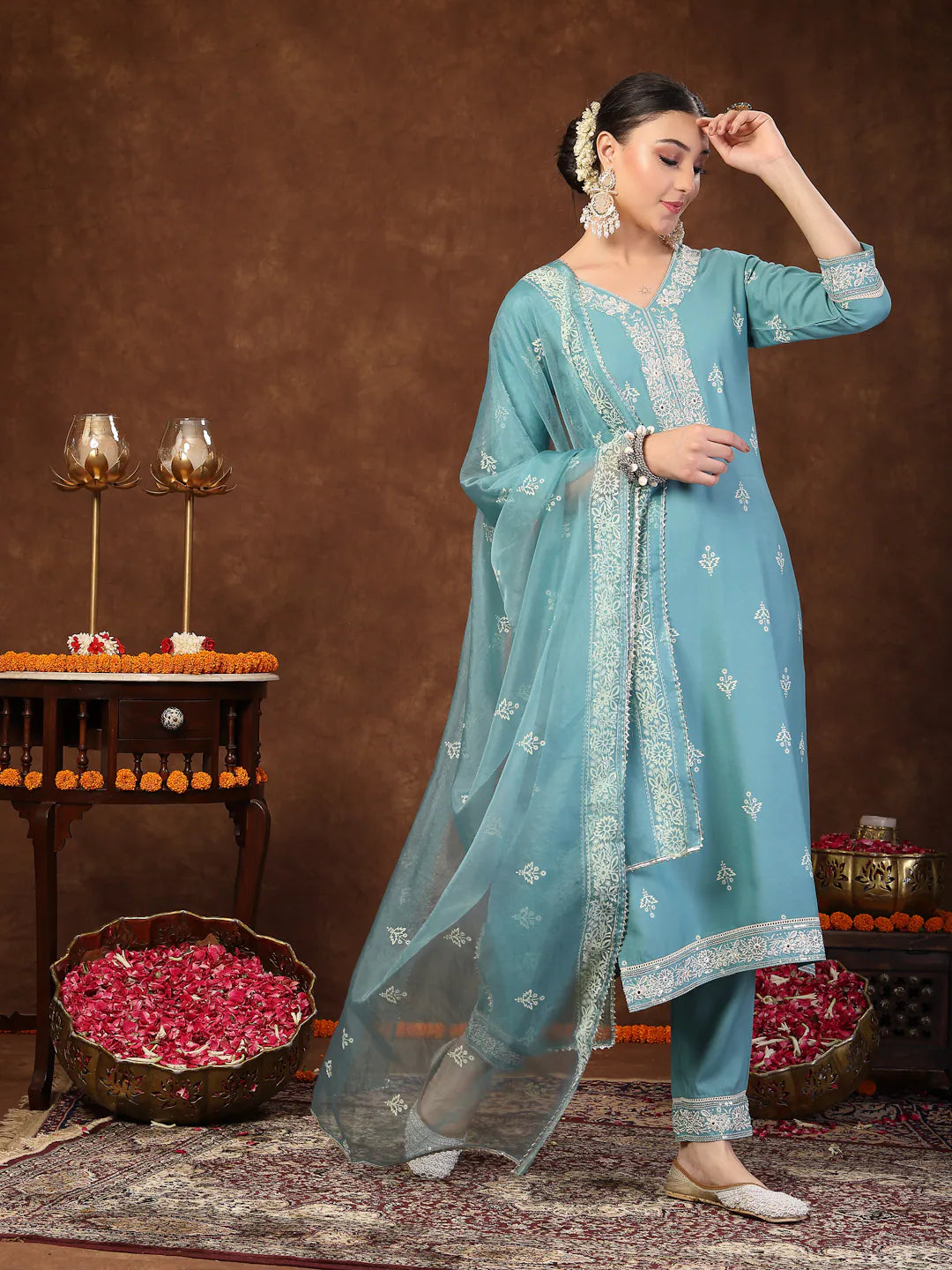 Aqua Ethnic Kurta Pant Dupatta Set | Designer Kurta Sets for W...