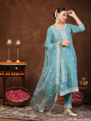 Women's Aqua Ethnic Motif Khadi Printed & Embroidered Rayon Straight Kurta Pant Dupatta Set-KPDAQUAGAJEEBO
