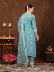 Women's Aqua Ethnic Motif Khadi Printed & Embroidered Rayon Straight Kurta Pant Dupatta Set-KPDAQUAGAJEEBO