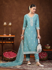 Women's Aqua Ethnic Motif Khadi Printed & Embroidered Rayon Straight Kurta Pant Dupatta Set-KPDAQUAGAJEEBO