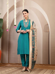 Stylum Women's Aqua Solid & Embroidered Santoon Straight Kurta Pant Dupatta Set (KPDAQUANURA)