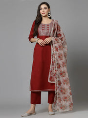 Women's Embroidered Cotton Blend Straight Kurta Pant Dupatta Set-KPDBAAG