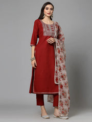 Women's Embroidered Cotton Blend Straight Kurta Pant Dupatta Set-KPDBAAG