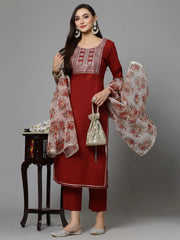 Women's Embroidered Cotton Blend Straight Kurta Pant Dupatta Set-KPDBAAG