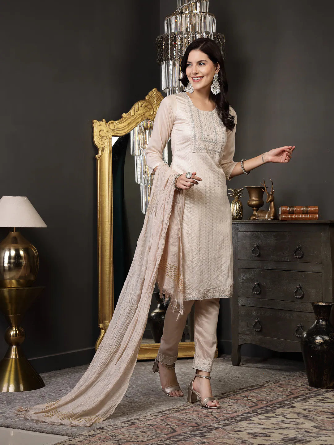 Beige Embroidered Kurta Set | Women's Indian Kurta Sets Online