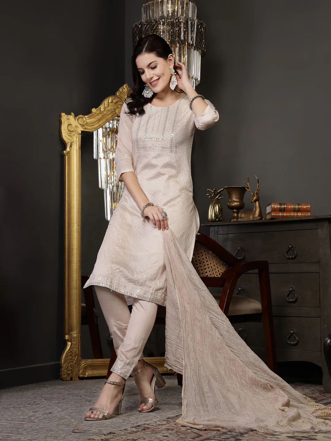 Beige Embroidered Kurta Set | Women's Indian Kurta Sets Online
