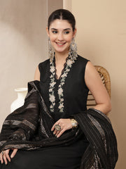 Stylum Women's Black Solid & Embroidered Crepe A-Line Kurta Pant Dupatta Set (KPDBLACKAESTHIC)