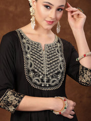 Women's Black Solid & Embroidered Rayon Anarkali Kurta Pant Dupatta Set-KPDBLACKBARLEY