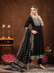 Women's Black Solid & Embroidered Rayon Anarkali Kurta Pant Dupatta Set-KPDBLACKBARLEY