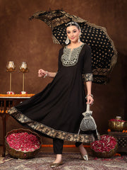 Women's Black Solid & Embroidered Rayon Anarkali Kurta Pant Dupatta Set-KPDBLACKBARLEY
