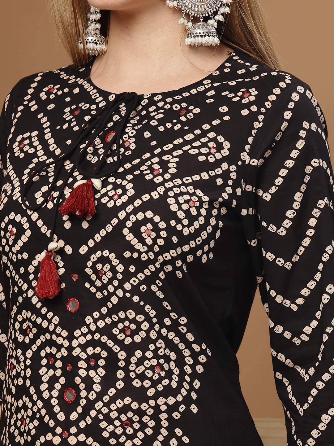 Women's Black Bandhej Printed & Embroidered Cotton Straight Kurta Pant