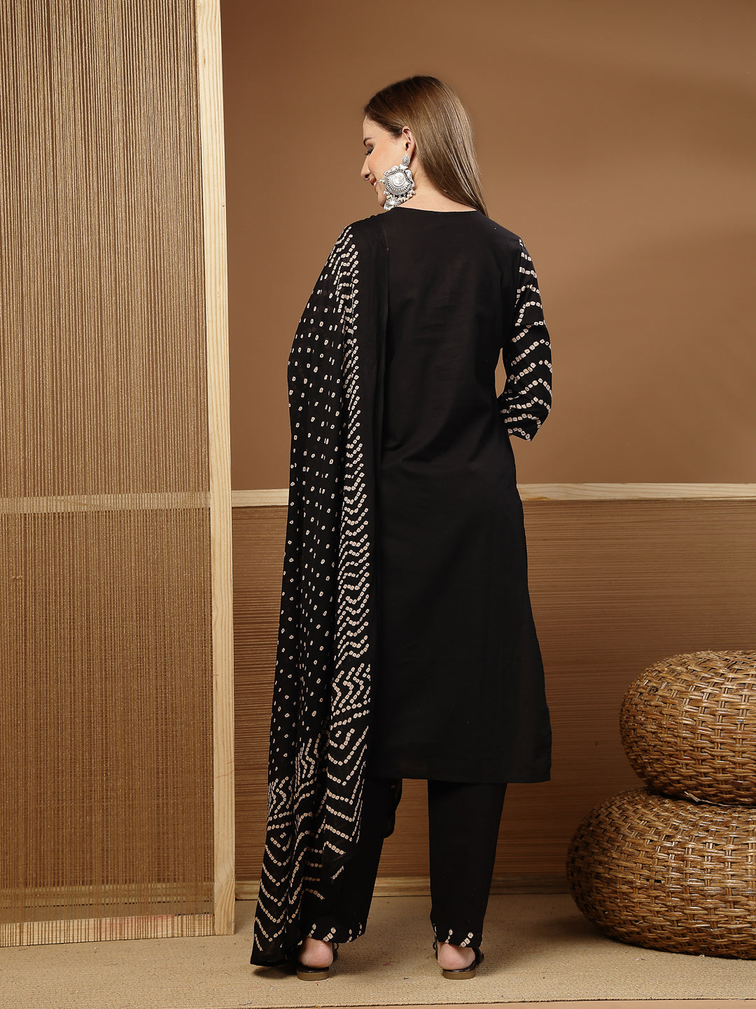 Women's Black Bandhej Printed & Embroidered Cotton Straight Kurta Pant