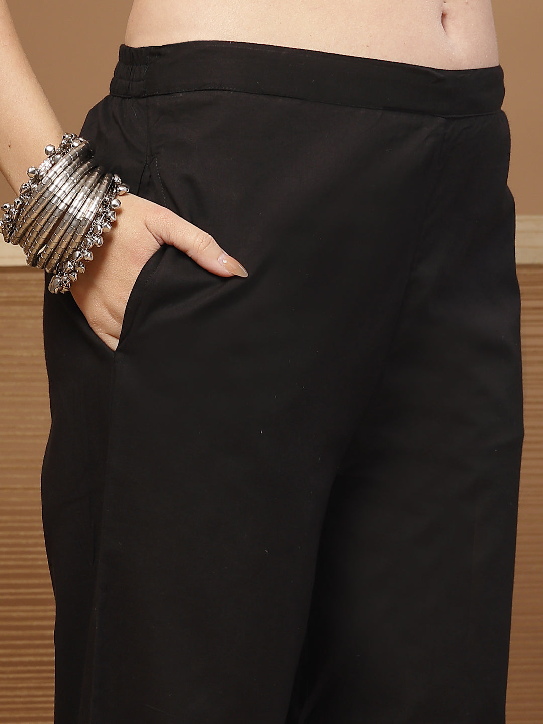 Women's Black Bandhej Printed & Embroidered Cotton Straight Kurta Pant
